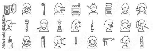 Mesotherapy icons set. Cosmetologists are performing facial treatments using needles, syringes, electric devices, creams, and other tools