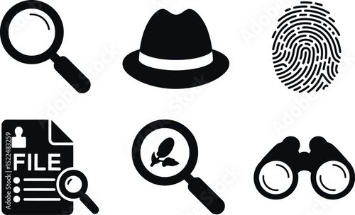Detective investigation elements: magnifying glass, fingerprint, hat, file, binoculars, clue icon set editable stock vector illustration