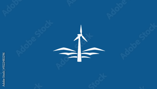 Minimal silhouette icon of offshore wind turbine with ocean waves on blue background symbolizing renewable energy