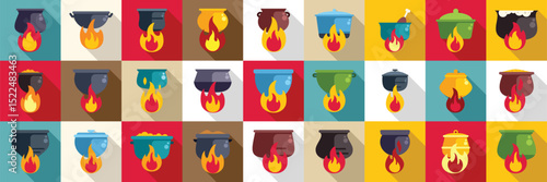 Pot campfire icons set. Colorful cooking pots simmering over flames, showcasing a vibrant array of culinary creations