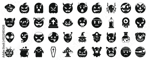 Halloween emoji icons set. Black and white icons capture the spirit of halloween with spooky characters, adding a touch of fun to the celebration