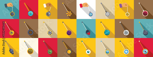 Swinging hypnosis pendulum icons set. Hypnosis pendulum icons set in flat style showing swinging weights for hypnotherapy, meditation, and relaxation