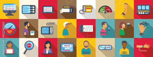 Lie detector test icons set. Polygraph machine measuring physiological responses during interrogation to detect truth and lies, used in criminal investigations and security screenings