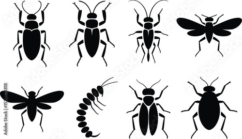 Vector insects illustration set, black silhouette of different bugs, pest control clip art isolated 100 editable stock vector illustration