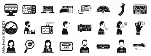 Lie detector test icons set. Set of icons depicting various lie detection methods and equipment