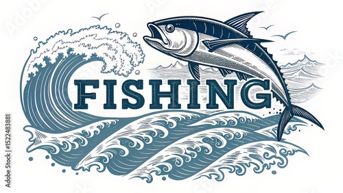 A vintage-style fishing emblem with a fierce tuna jumping from ocean waves, complete with bold lines and marine sport typography.