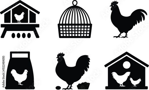 Chicken coop vector icon set poultry farm design elements hen rooster eggs feed basket isolated on white editable stock vector illustration