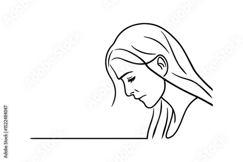 Line drawing of a woman with downcast eyes reflecting sadness and contemplation