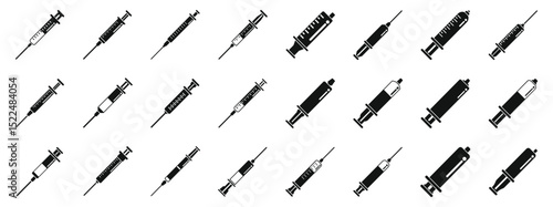 Plastic syringe icons set. Various syringe designs displayed in a seamless pattern