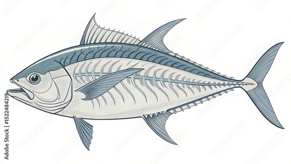Obraz premium A skeletal blueprint-style tuna drawing in grey, stripped of internal detail but retaining realistic shape and fin anatomy.