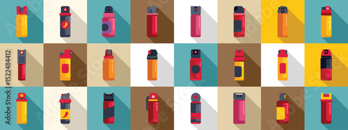 Pepper spray icons set. Various colorful pepper sprays provide personal safety and protection against threats