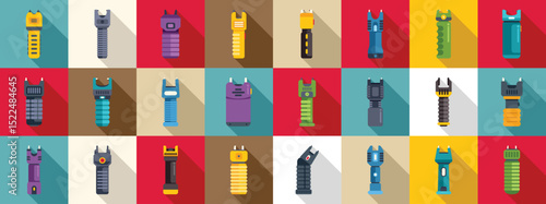 Electric shocker icons set. Collection of electroshock weapon icons representing different types of self defense tools for personal safety and protection against threats