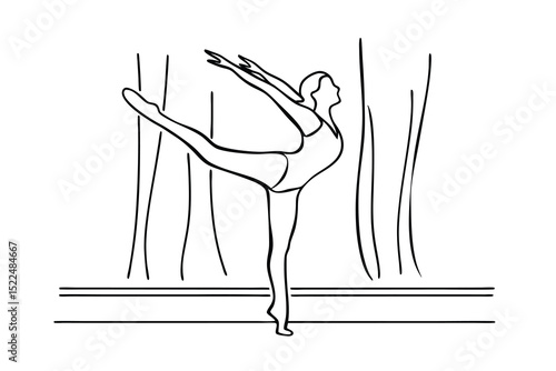 Elegant minimalist line drawing of a ballet dancer in a graceful balancing pose