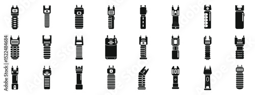 Electric shocker icons set. Different types of electroshock weapons ensuring personal safety and protection against threats
