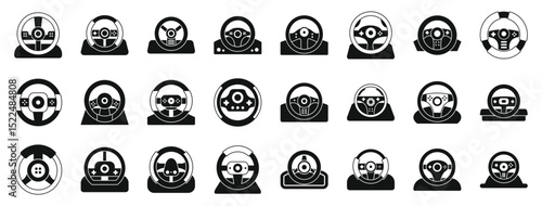 Game controller steering wheel icons set. Set of diverse steering wheel icons representing various gaming controllers designed for immersive racing experiences