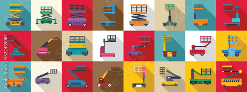 Lift platform basket icons set. Colorful flat icons of various construction lift machines in a grid pattern