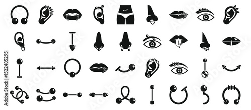 Piercing jewelry icons set. Exploring various piercing types, from ear and nose piercings to lip and eyebrow piercings, offering a comprehensive view of body modification trends