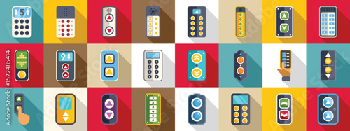 Elevator control panel icons set. Elevator buttons icons set showcasing various designs of control panels and keypads for operating lifts