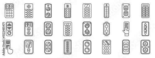 Elevator control panel icons set. Line art icons representing elevator buttons, control panels, and remote controls, highlighting accessibility features, floor selection, and updown directions