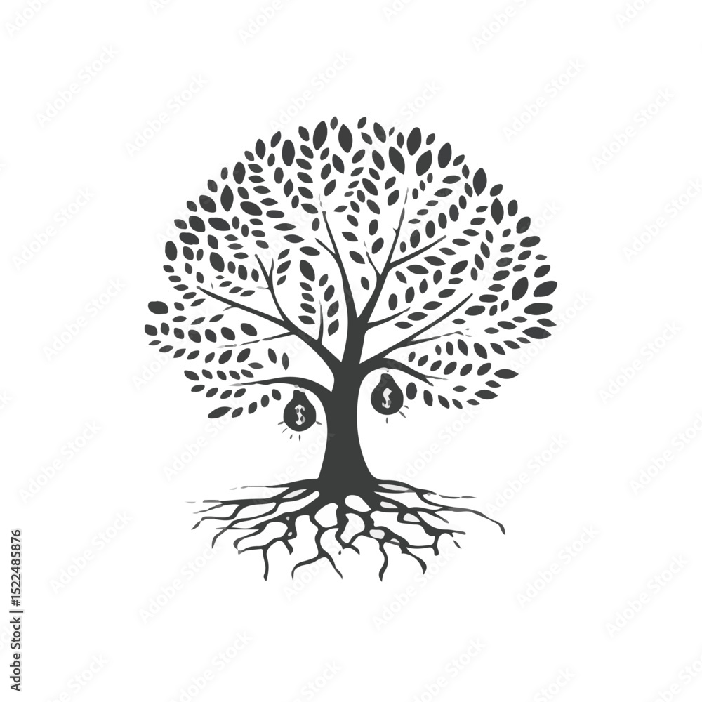 Fototapeta premium Green vector tree silhouette with roots and leaves, a symbol of nature and growth