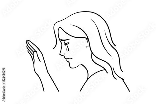 Illustration of a sad female figure crying with a hand raised in grief and sorrow