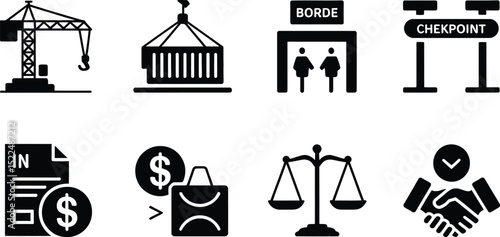 Construction trade border checkpoint finance law agreement icons vector illustration set design editable stock vector illustration