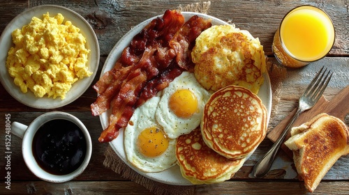 Traditional American breakfast with fried eggs, crispy bacon, pancakes, scrambled eggs, toast and drinks served on rustic wooden table perfect for diner menus and food blogs