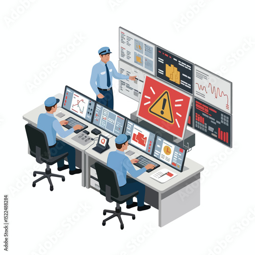 Control room team monitoring computer screens detecting alarm signals warning about a critical system failure in a digital infrastructure