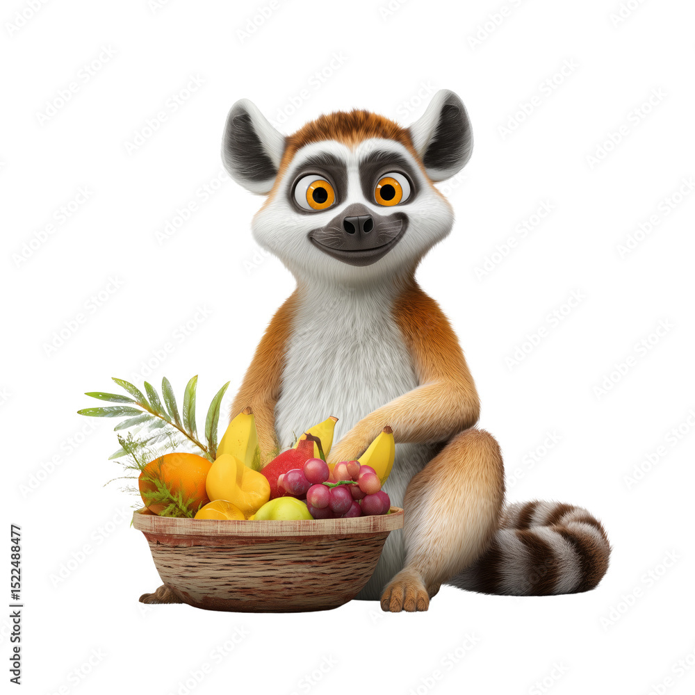 Friendly lemur with fruit basket colorful scene transparent background playful atmosphere digital illustration Friendly lemur with fruit basket colorful scene transparent background playful atmosphere digital illustration