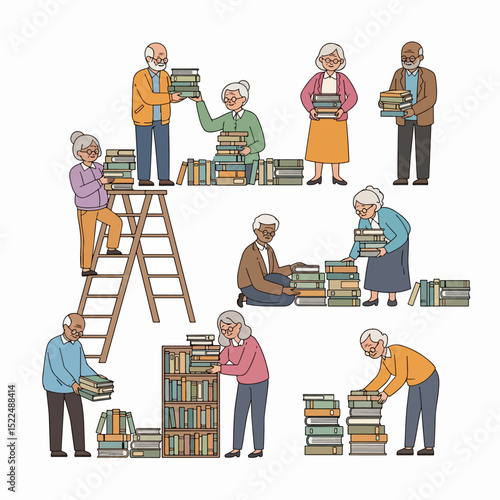 Seniors arranging books, diverse group librarian volunteers