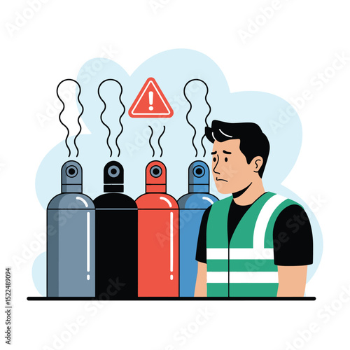 Industrial worker concerned about gas leak from storage cylinders with warning sign and visual pollution indicating hazardous situation in vector illustration style