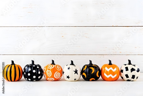 Decorated halloween pumpkins in a row against white wooden background for festive decor