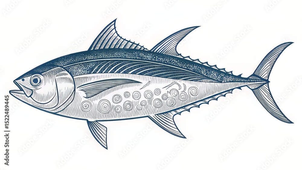 Fototapeta premium Precision Line Drawing of Tuna with Open Mouth and Fin Detail