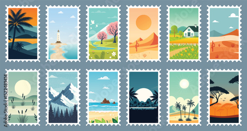 Set of postage stamps with various natural landscapes and seasons flat vector illustration.