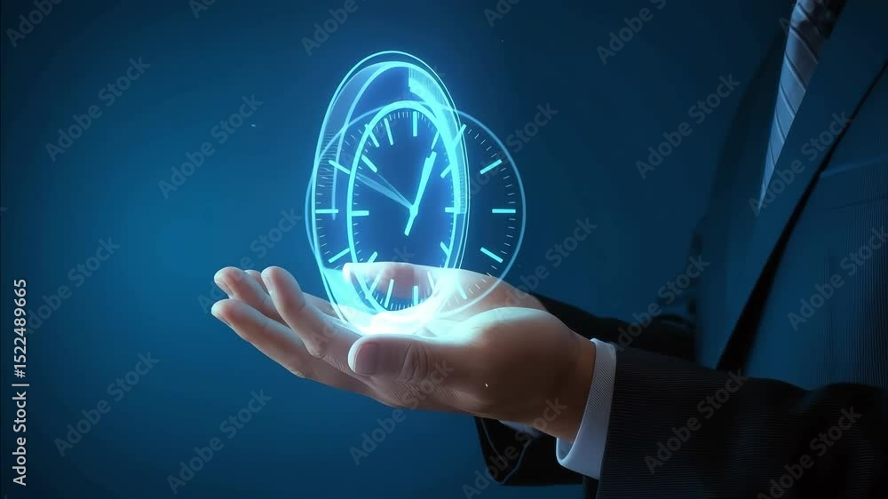 A hand presents a futuristic holographic clock; useful for illustrating time management concepts or future technology relating to managing time.