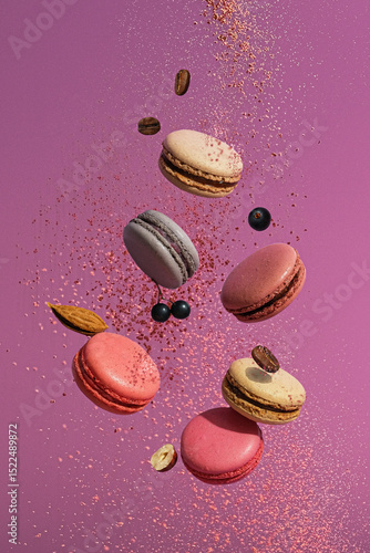 Vibrant, Colorful Macarons Delightfully Falling Gracefully Against a Lovely Soft