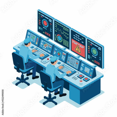 Isometric view of a control room depicting two engineers monitoring digital screens and operating computer systems
