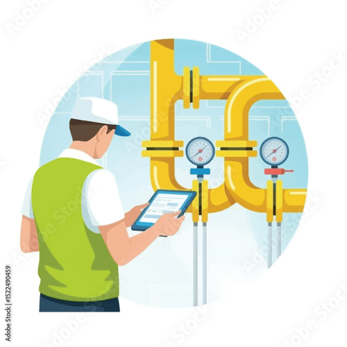 Plumber inspecting water pipes using tablet device monitoring pressure gauges for maintenance in a modern illustrated style