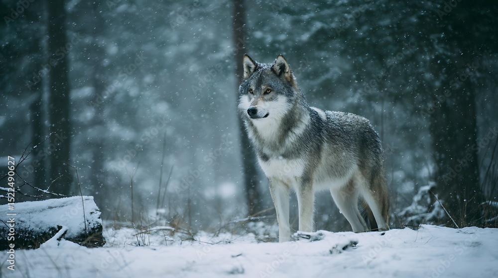 Fototapeta premium A wolf standing alert in a snowy forest clearing under gentle snowfall.