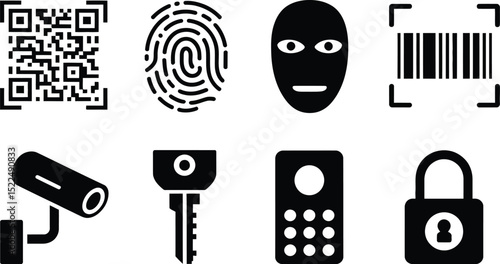 Security system vector icon set qr code fingerprint face scan barcode camera key keypad padlock 100 char editable stock vector illustration