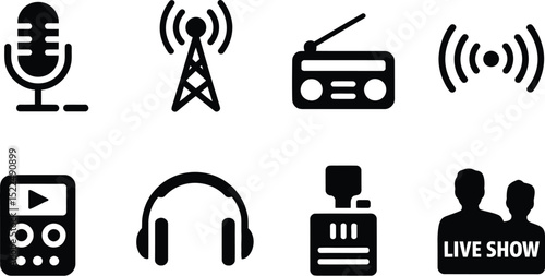 Broadcasting podcasting radio live show microphone antenna headphones studio equipment vector icons set editable stock vector illustration