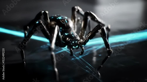 Futuristic Spider Crawling on a Dark Surface with Glowing Webs