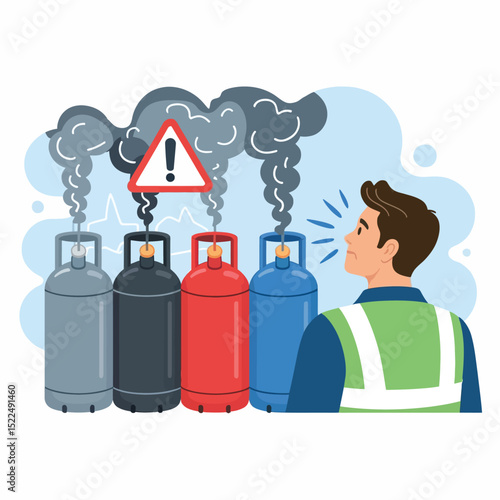 Worker observing gas leakage from cylinders illustrating hazard and environmental risk with warning sign and smoke emissions