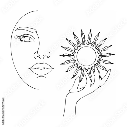 Minimalist line art illustration of a woman's face with the sun held in a hand