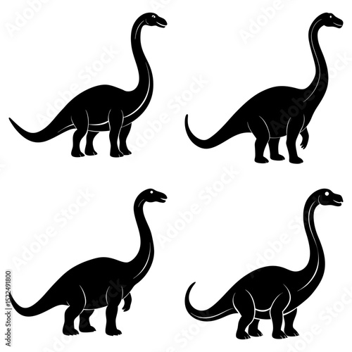 Four black silhouette depictions of brachiosaurus dinosaurs with long necks and small heads in various poses