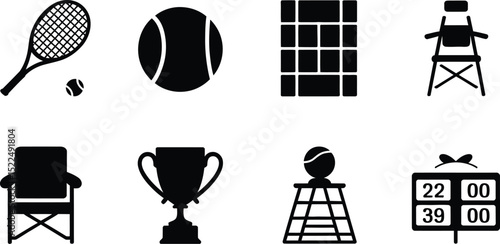 Tennis equipment vector icons set racket ball court chair trophy scoreboard isolated on white background editable stock vector illustration