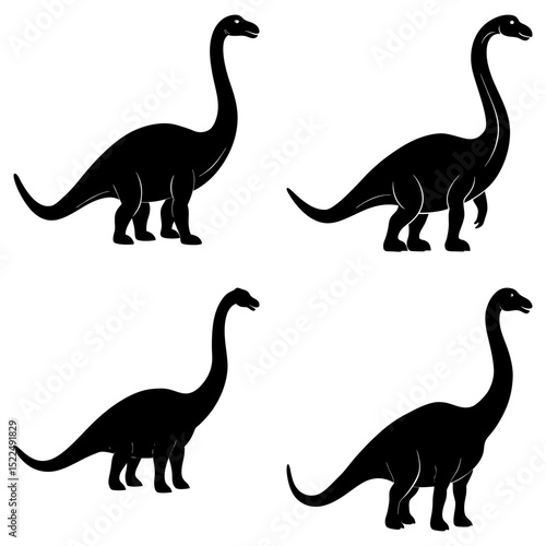 Four black silhouettes of sauropod dinosaurs with long necks and tails on a white background scene