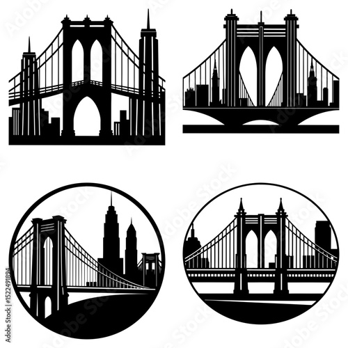 Four black and white skyline silhouettes featuring bridges and city buildings in different arrangements