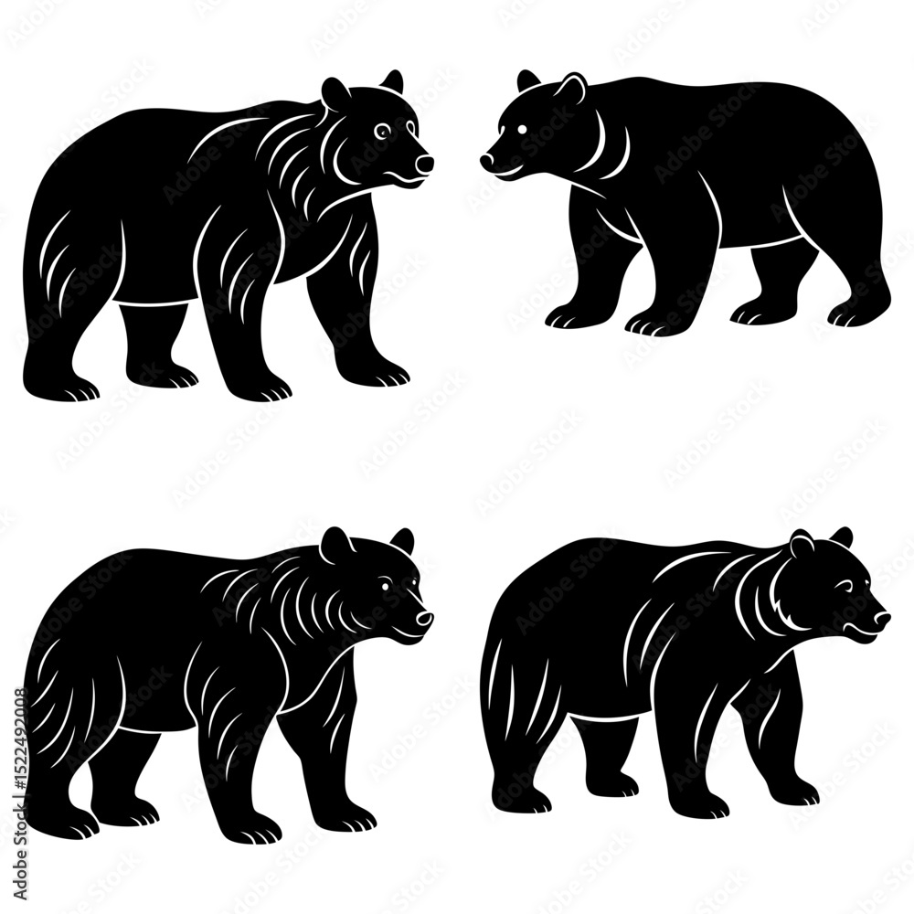 Fototapeta premium Four black bears in various poses with white outlines against a white background illustration art