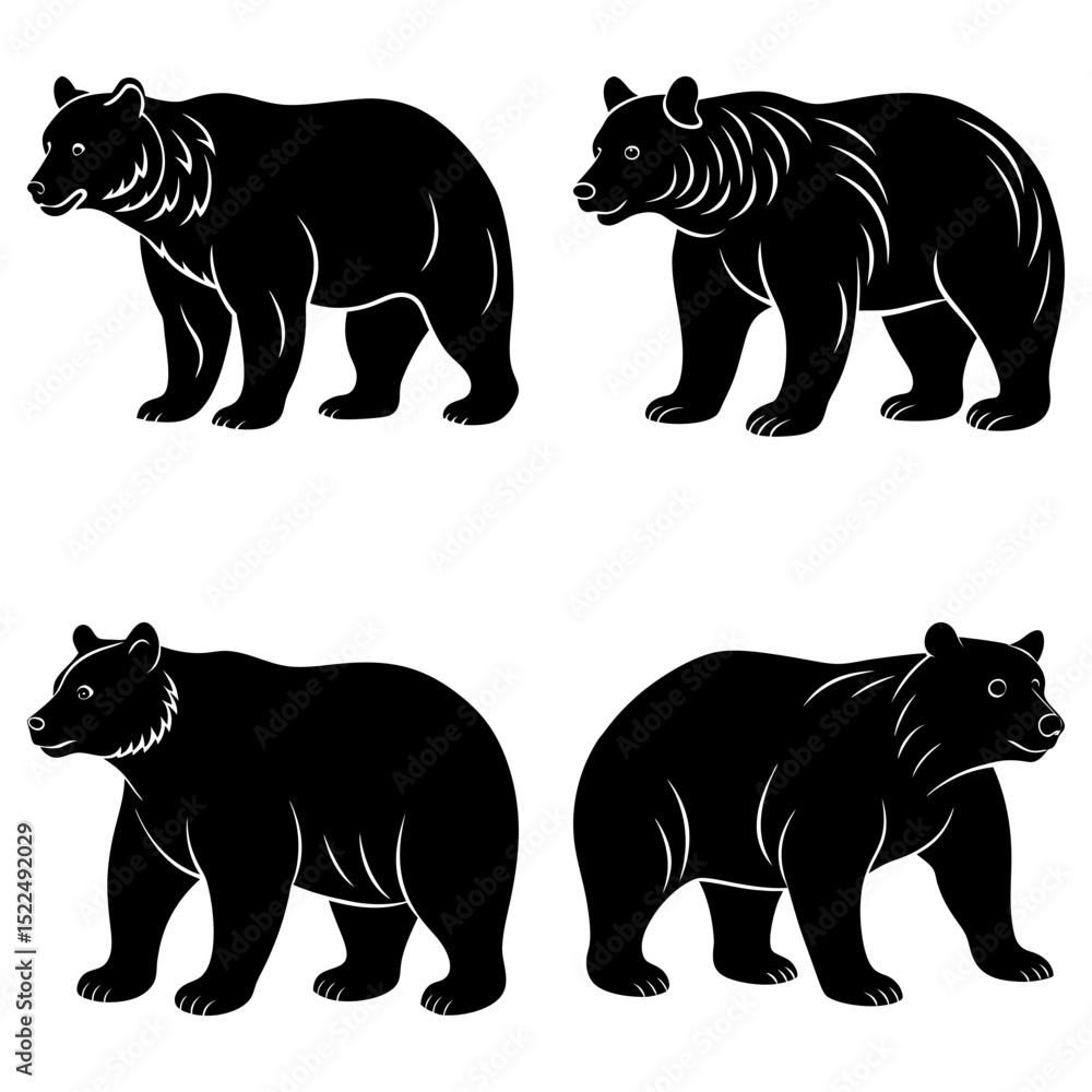 Fototapeta premium Four black bear silhouettes in various poses standing on a white background in a vector illustration